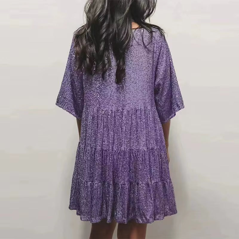 Plus-Size Elegant Fashion Sequins round Neck Loose Short-Sleeved Dress Dinner Dress Plus-Size Women'S Clothing