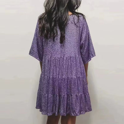 Plus-Size Elegant Fashion Sequins round Neck Loose Short-Sleeved Dress Dinner Dress Plus-Size Women'S Clothing