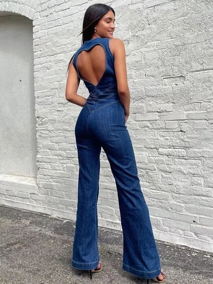 Backless Heart Cutout Bodycon Jumpsuit for Women Casual Sleeveless Slim One-Piece Outfits Retro Denim Jumpsuits New 2025