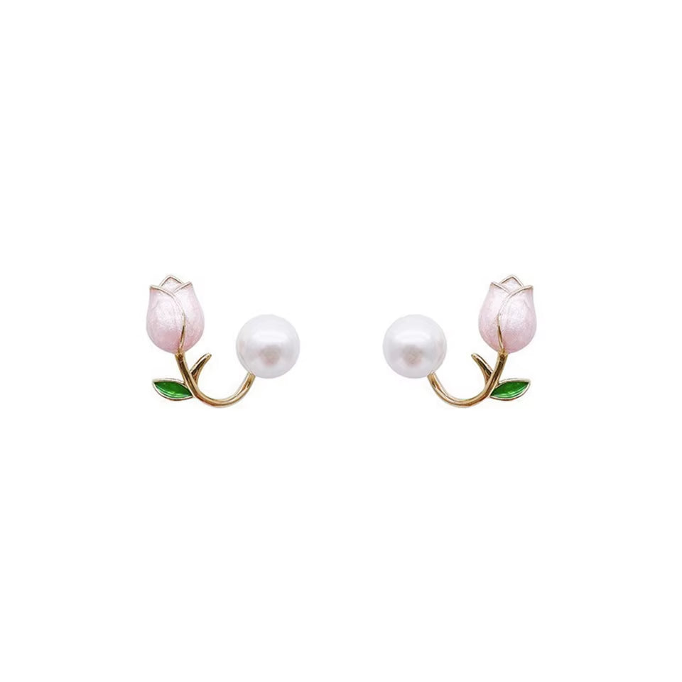 Fresh Rose Stud Earrings with Imitation Pearl Sweet Pink Tulip Earrings Exquisite New Accessories for Women Trendy Jewelry
