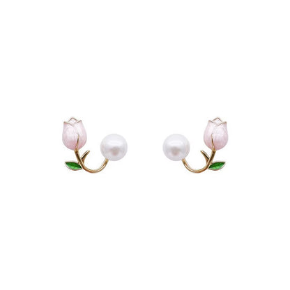 Fresh Rose Stud Earrings with Imitation Pearl Sweet Pink Tulip Earrings Exquisite New Accessories for Women Trendy Jewelry