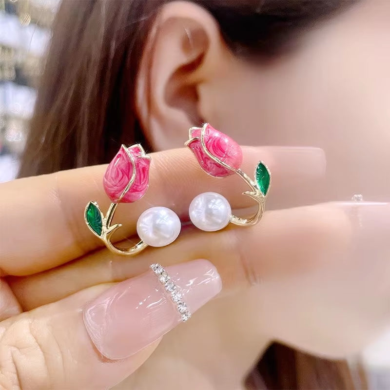 Fresh Rose Stud Earrings with Imitation Pearl Sweet Pink Tulip Earrings Exquisite New Accessories for Women Trendy Jewelry
