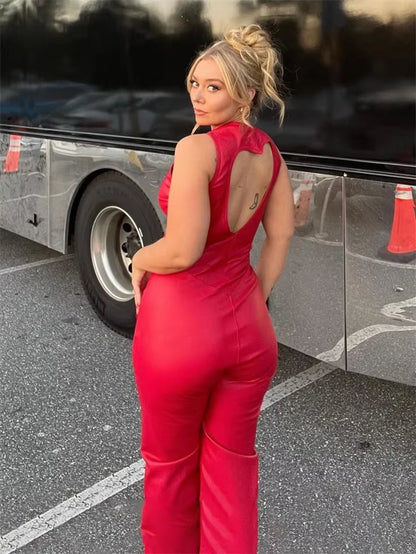 Backless Heart Cutout Bodycon Jumpsuit for Women Casual Sleeveless Slim One-Piece Outfits Retro Denim Jumpsuits New 2025