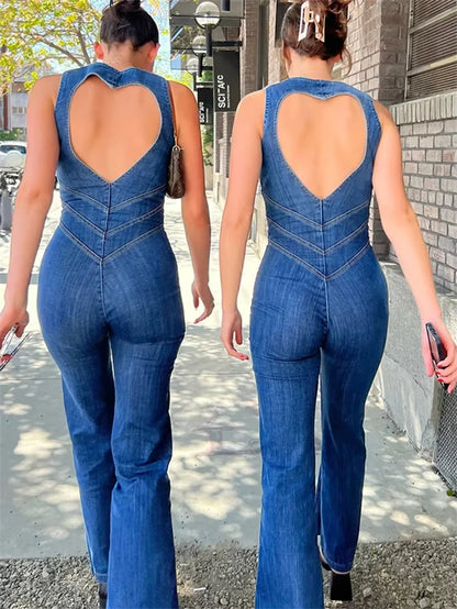 Backless Heart Cutout Bodycon Jumpsuit for Women Casual Sleeveless Slim One-Piece Outfits Retro Denim Jumpsuits New 2025