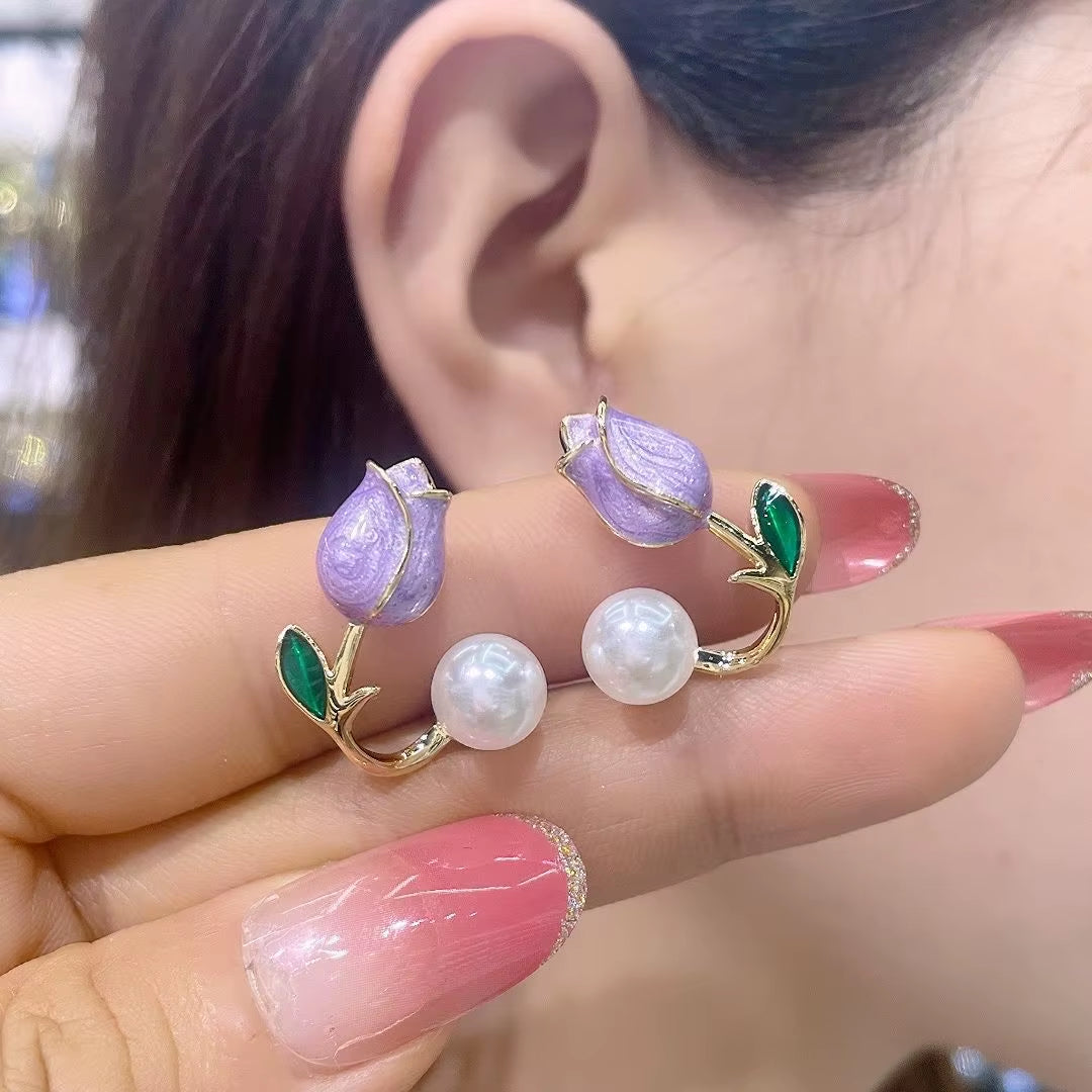 Fresh Rose Stud Earrings with Imitation Pearl Sweet Pink Tulip Earrings Exquisite New Accessories for Women Trendy Jewelry