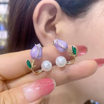 Fresh Rose Stud Earrings with Imitation Pearl Sweet Pink Tulip Earrings Exquisite New Accessories for Women Trendy Jewelry