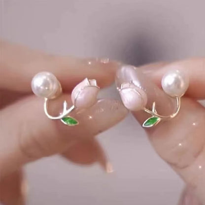 Fresh Rose Stud Earrings with Imitation Pearl Sweet Pink Tulip Earrings Exquisite New Accessories for Women Trendy Jewelry