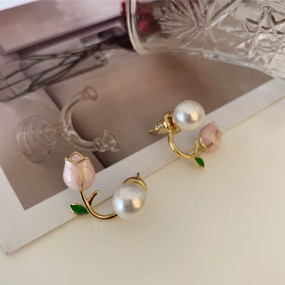 Fresh Rose Stud Earrings with Imitation Pearl Sweet Pink Tulip Earrings Exquisite New Accessories for Women Trendy Jewelry