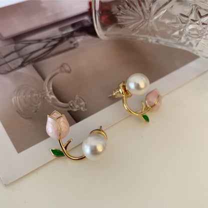 Fresh Rose Stud Earrings with Imitation Pearl Sweet Pink Tulip Earrings Exquisite New Accessories for Women Trendy Jewelry