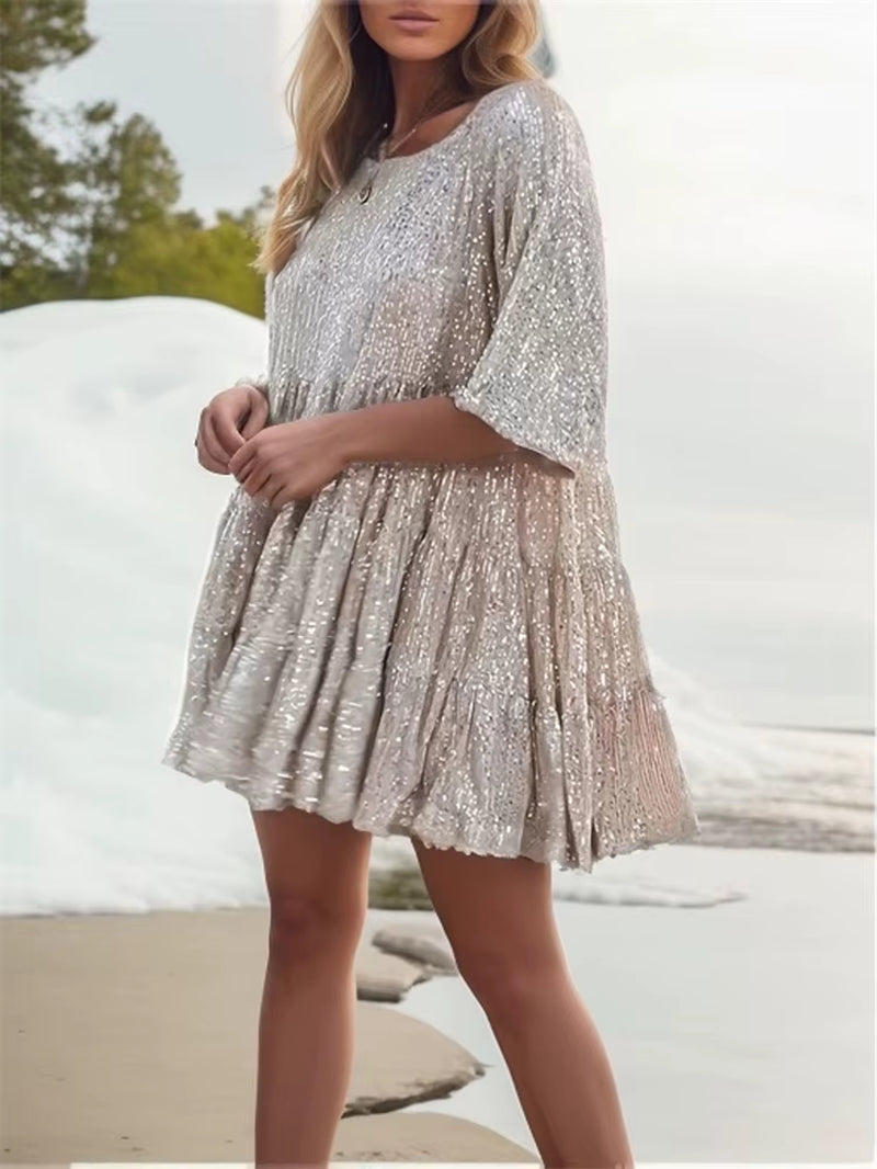 Plus-Size Elegant Fashion Sequins round Neck Loose Short-Sleeved Dress Dinner Dress Plus-Size Women'S Clothing