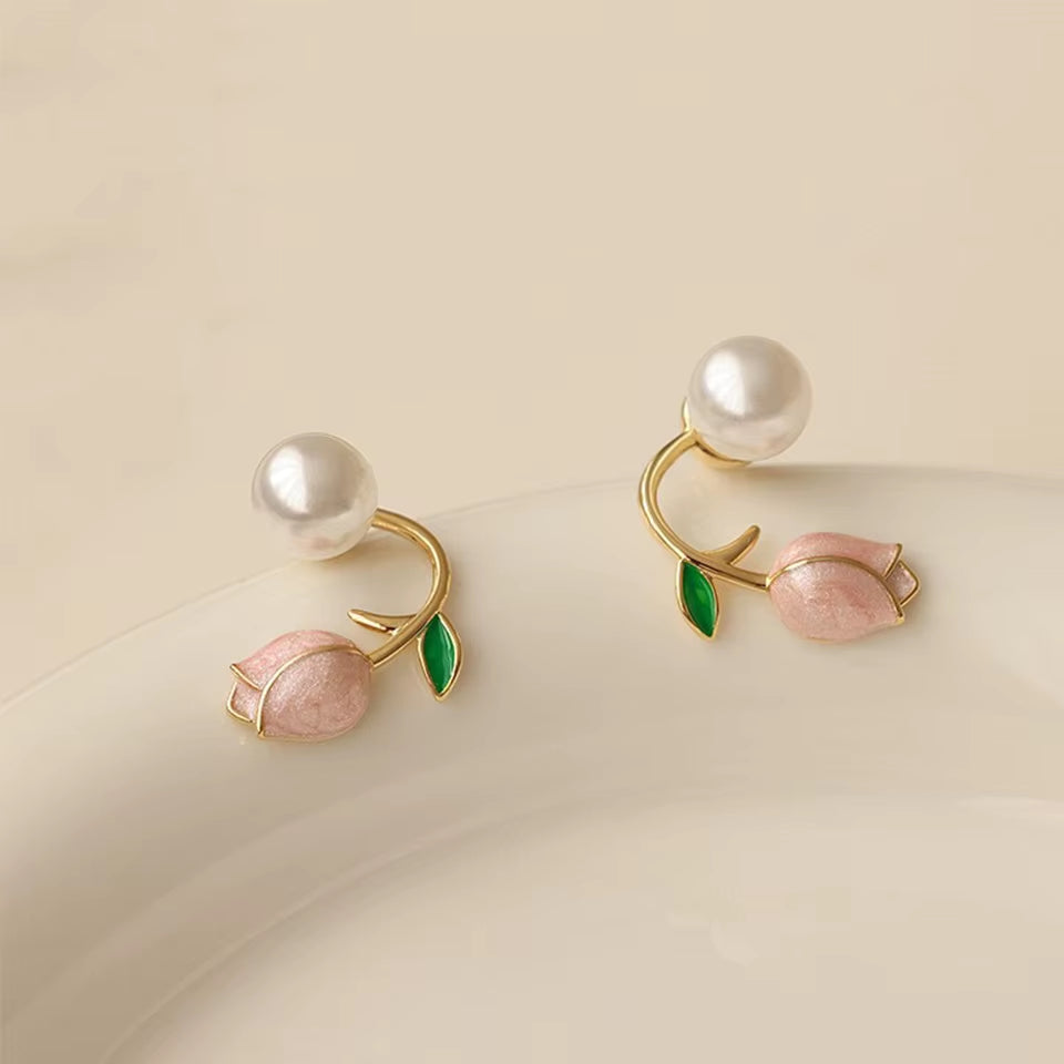 Fresh Rose Stud Earrings with Imitation Pearl Sweet Pink Tulip Earrings Exquisite New Accessories for Women Trendy Jewelry