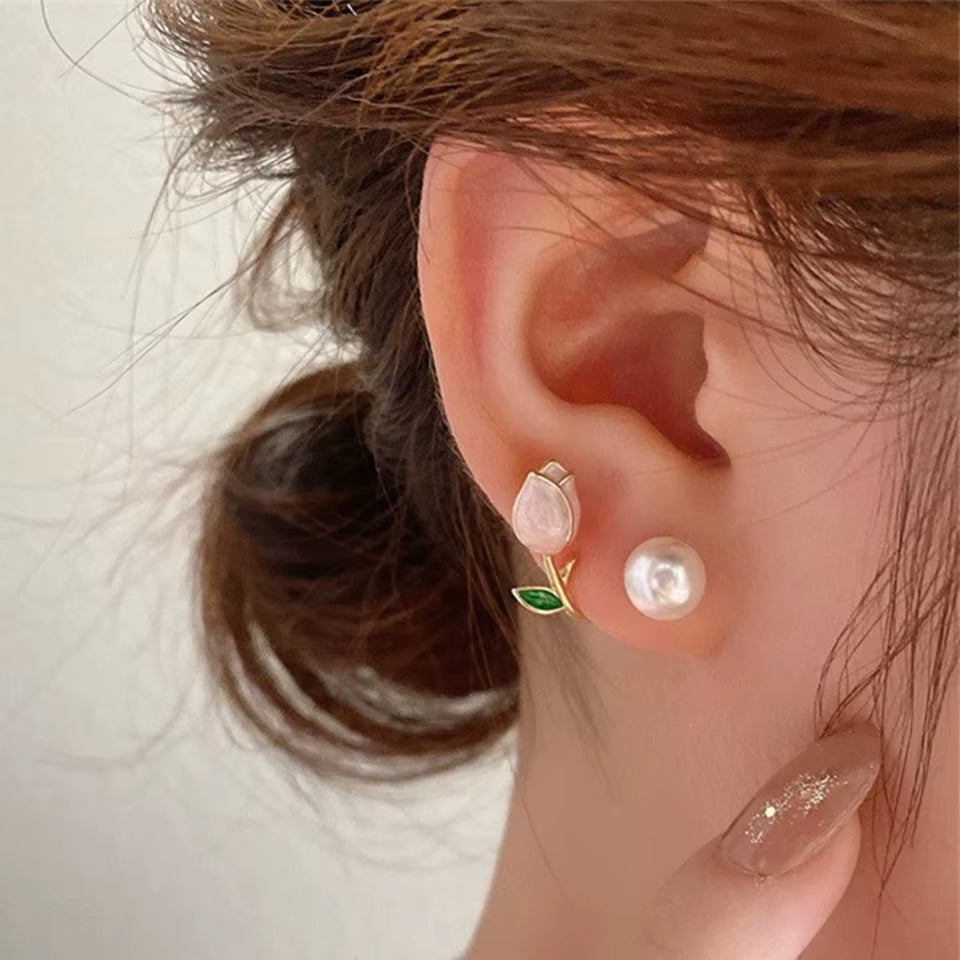 Fresh Rose Stud Earrings with Imitation Pearl Sweet Pink Tulip Earrings Exquisite New Accessories for Women Trendy Jewelry